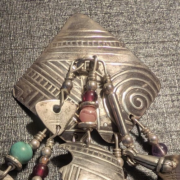 VTG Signed Tabra Earrings Silver Tone Dangle Multi-Layered Multiple Beads Colors - Picture 6 of 8